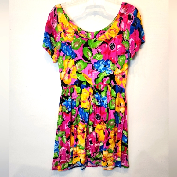Vintage Dresses & Skirts - Vintage 90s Arrested By Jonathan Martin Dress Bright Floral Babydoll Tropical 14